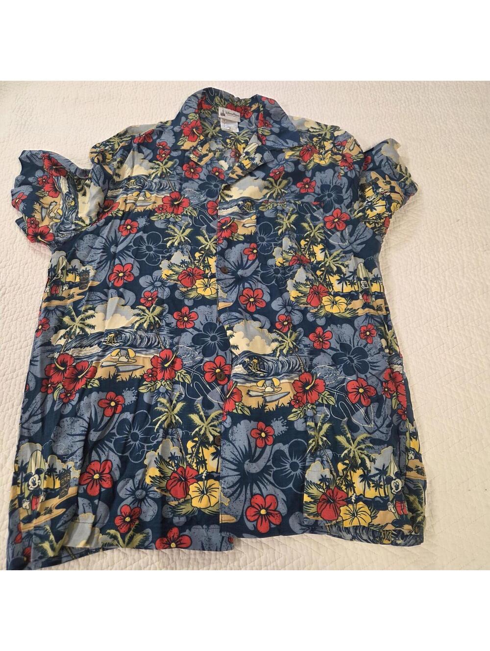 Disney Parks Hawaiian Shirt Floral Blue Short Sleeve Button-